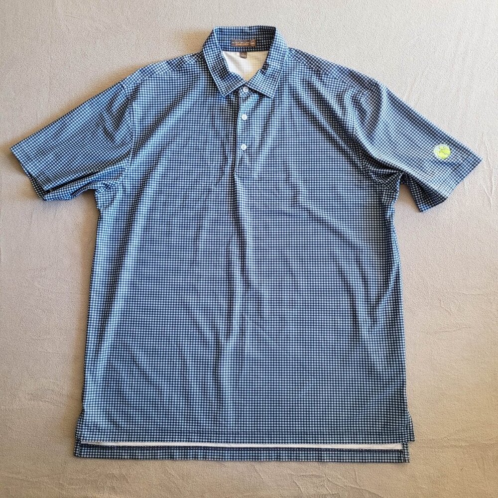 Peter Millar Shirt Mens Size Large Blue Check Golf Polo Embroidered Logo